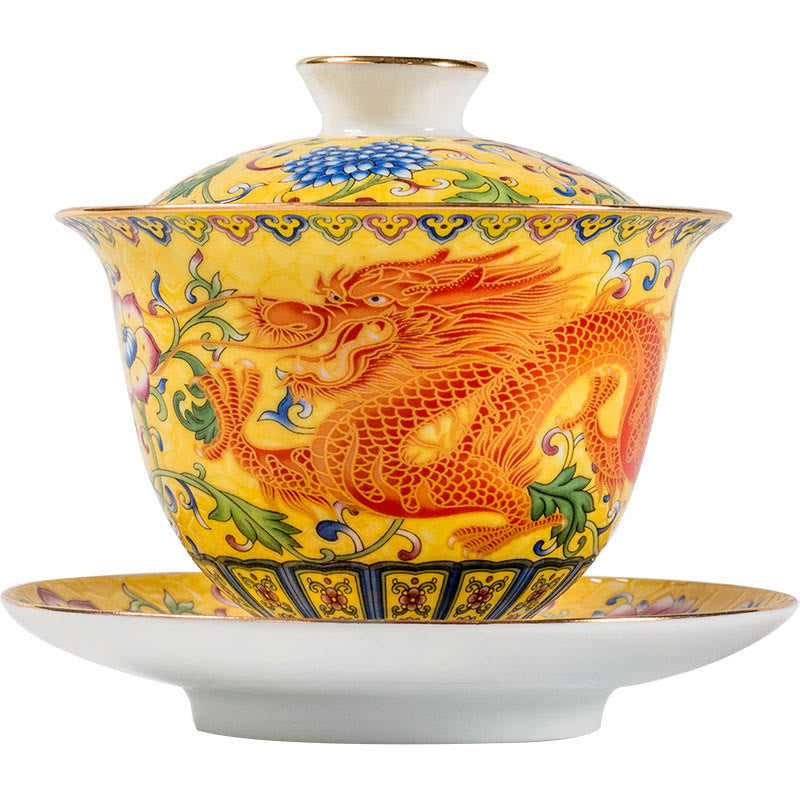 Buddha Stones Dragon Phoenix Flower Design Ceramic Gaiwan Sancai Teacup Kung Fu Tea Cup And Saucer With Lid