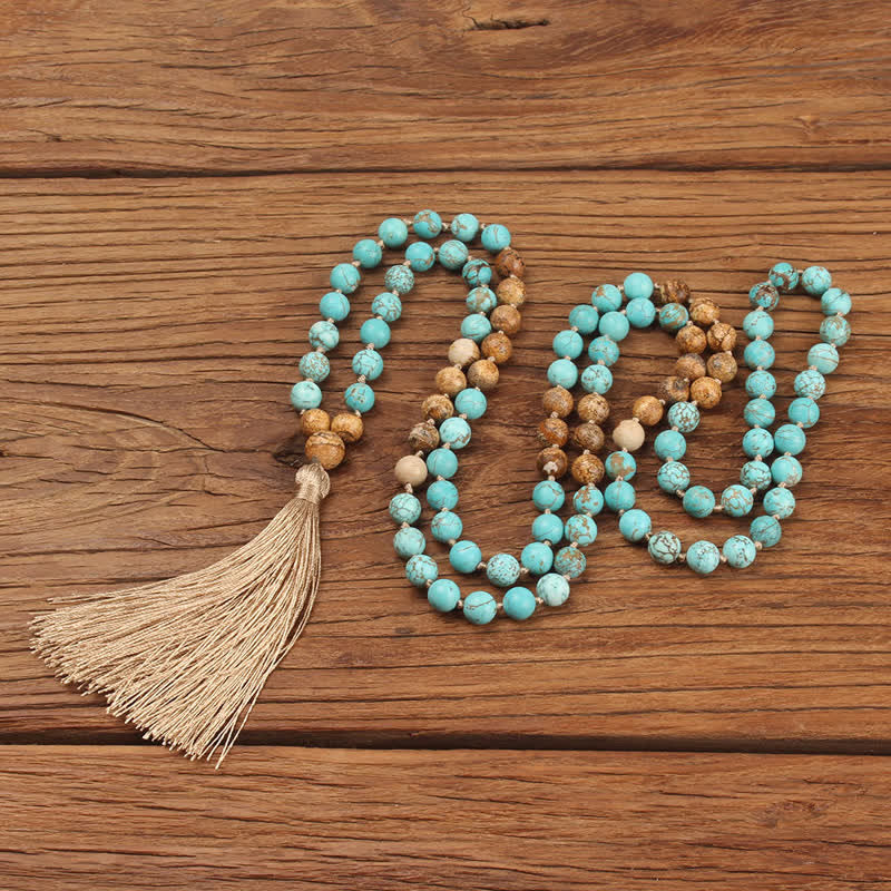 108 Mala Beads Turquoise Picture Jasper Wisdom Tassel Bracelet