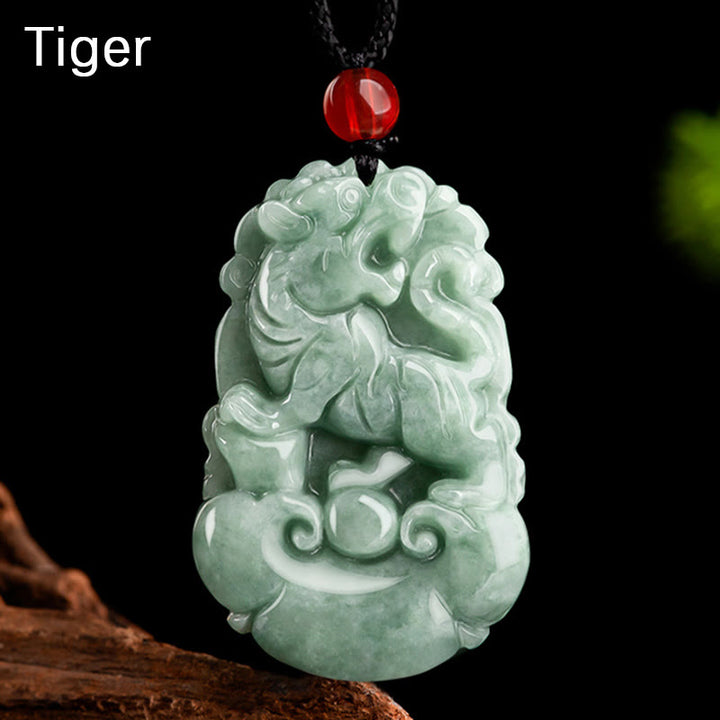 Buddha Stones Natural Green Jade 12 Chinese Zodiac Luck Prosperity Necklace Pendant