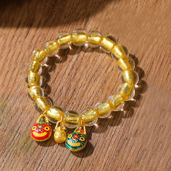 Buddha Stones Gold Swallowing Beast Family Charm Gold Foil Liuli Glass Bead Fortune Bracelet