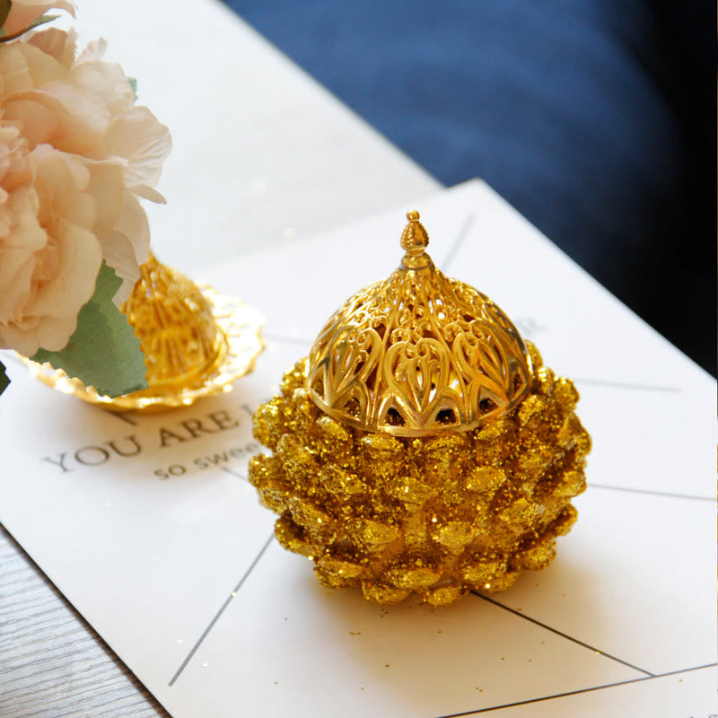 Gold Pine Cone Pattern Spiritual Rituals Mini Incense Burner Home Tabletop Decor