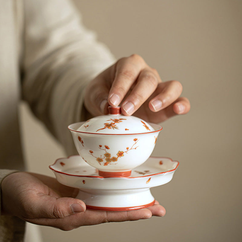 Buddha Stones White Porcelain Flowers Ceramic Gaiwan Sancai Teacup Kung Fu Tea Cup And Saucer With Lid