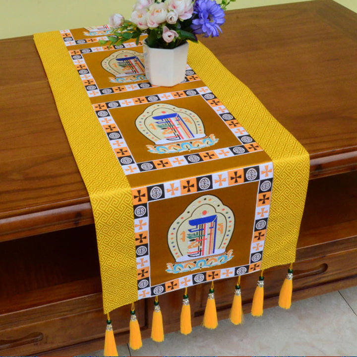 Buddha Stones Prayer Altar Mat Man-Bcu Kalachakra Endless Knot Vajra Tibetan Auspicious Symbols Tassels Table Runner