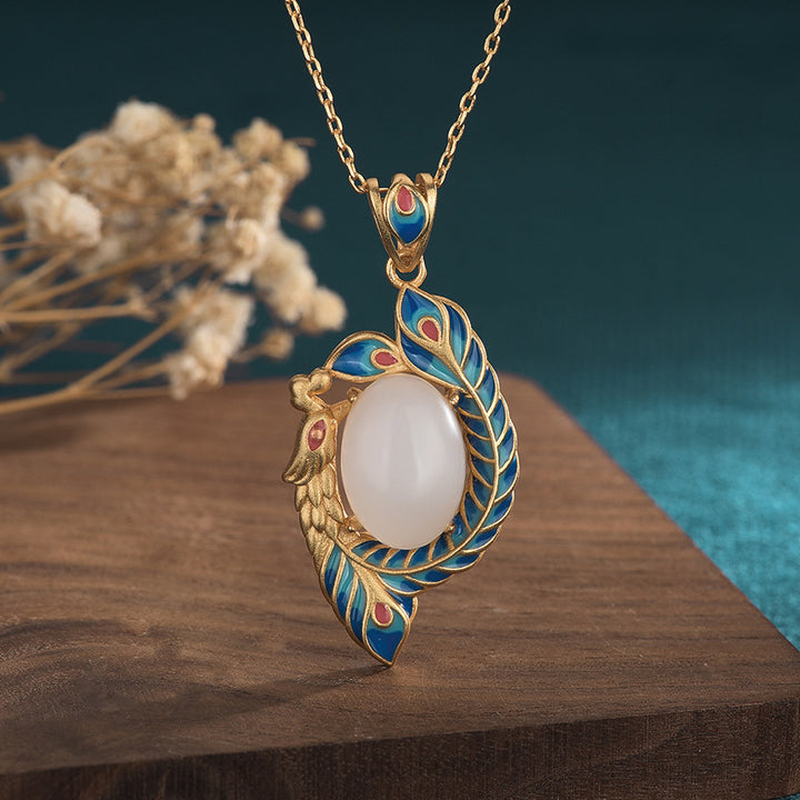 White Jade Peacock Copper Blessing Necklace Pendant