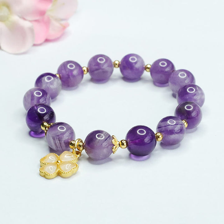 Buddha Stones Natural Amethyst Crystal Inner Peace Four Leaf Clover Charm Bracelet