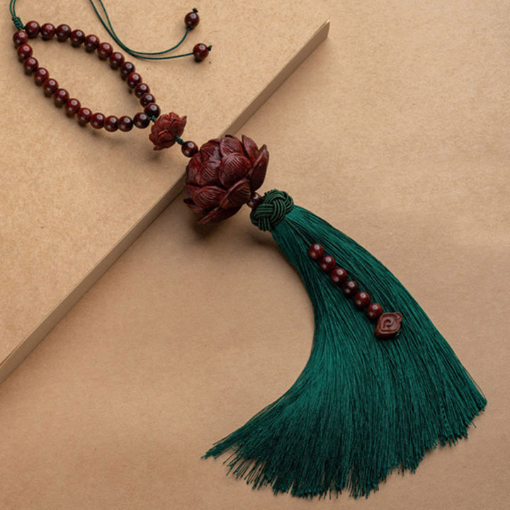 Buddha Stones Tibetan Small Leaf Red Sandalwood Lotus Luck Protection Tassel Decoration