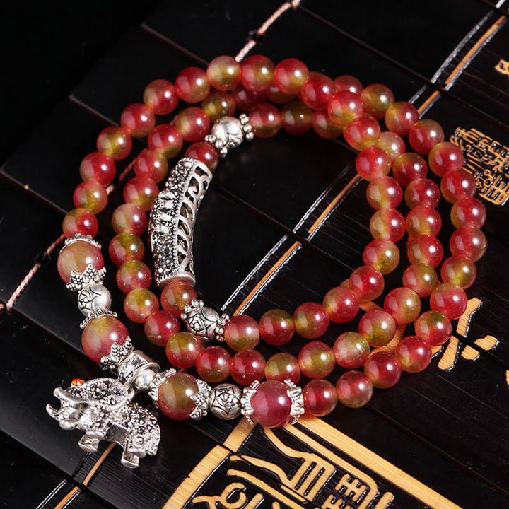 Buddha Stones Natural Watermelon Tourmaline PiXiu Elephant Positive Triple Wrap Bracelet