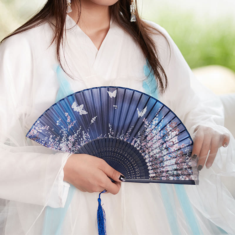 Buddha Stones Butterfly Flowers Handheld Bamboo Folding Fan