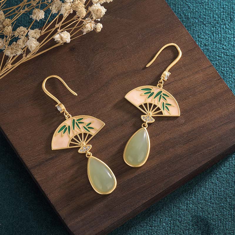 Buddha Stones Natural Green Aventurine Fan Pattern Luck Drop Earrings