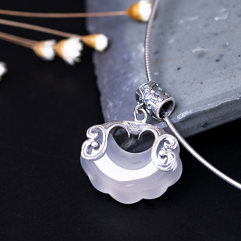 Buddha Stones 925 Sterling Silver Natural Chalcedony Lock of Good Wishes Koi Fish Luck Necklace Pendant