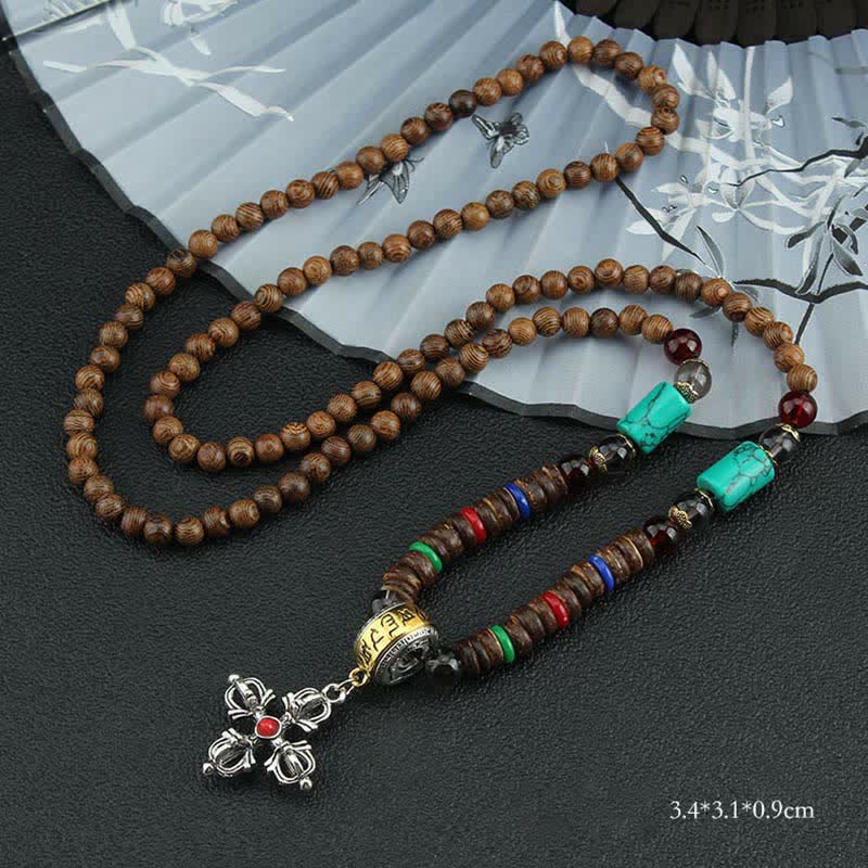 Buddha Stones Tibetan Om Mani Padme Hum Prayer Wheel Rotation Vajra Wood Necklace Pendant