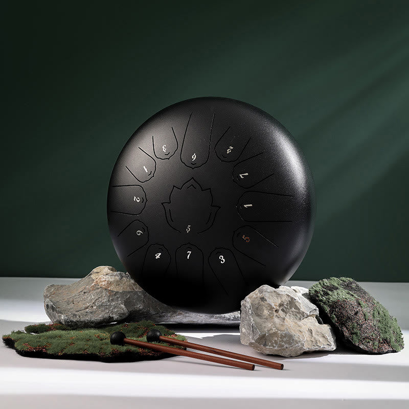 Buddha Stones Steel Tongue Drum Sound Healing Mindfulness Lotus Pattern Yoga Drum Kit 13 Note 12 Inch Percussion Instrument