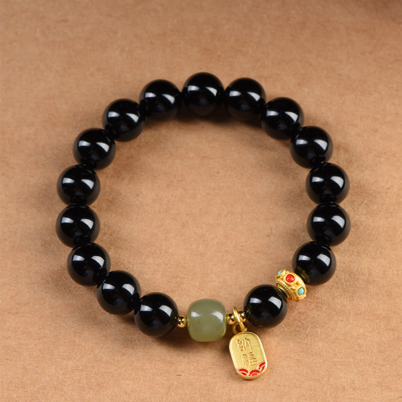 Buddha Stones Black Onyx Hetian Jade Bead Lucky Fortune Charm Bracelet