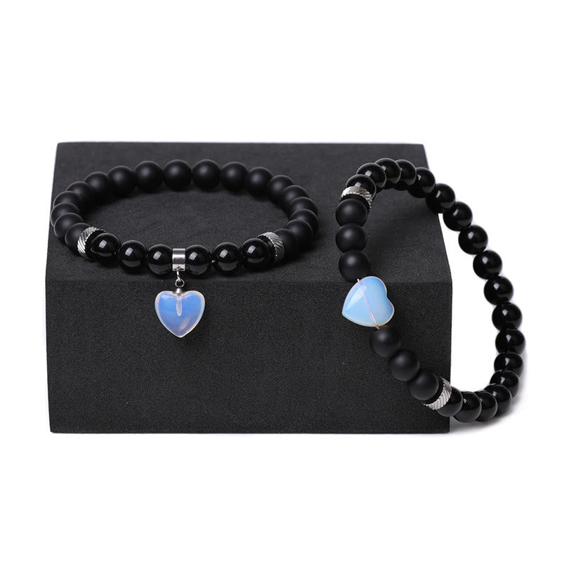 Buddha Stones 2Pcs Black Onyx Crystal Stone Love Heart Protection Support Couple Bracelet