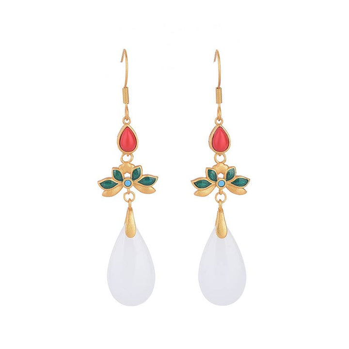 Buddha Stones FengShui White Jade Luck Drop Earrings