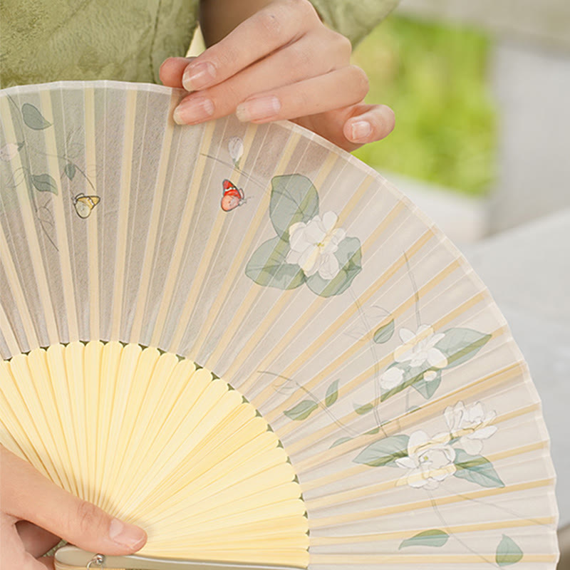 Buddha Stones Jasmine Flowers Handheld Bamboo Folding Fan