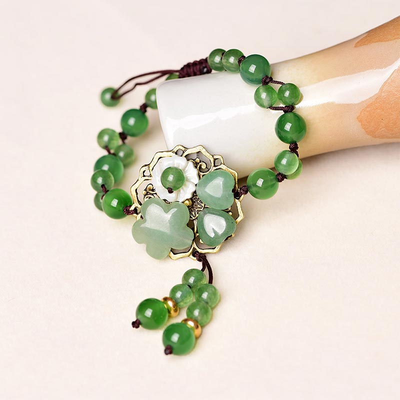 Buddha Stones Natural Green Jade Luck Dangling Flower Bracelet