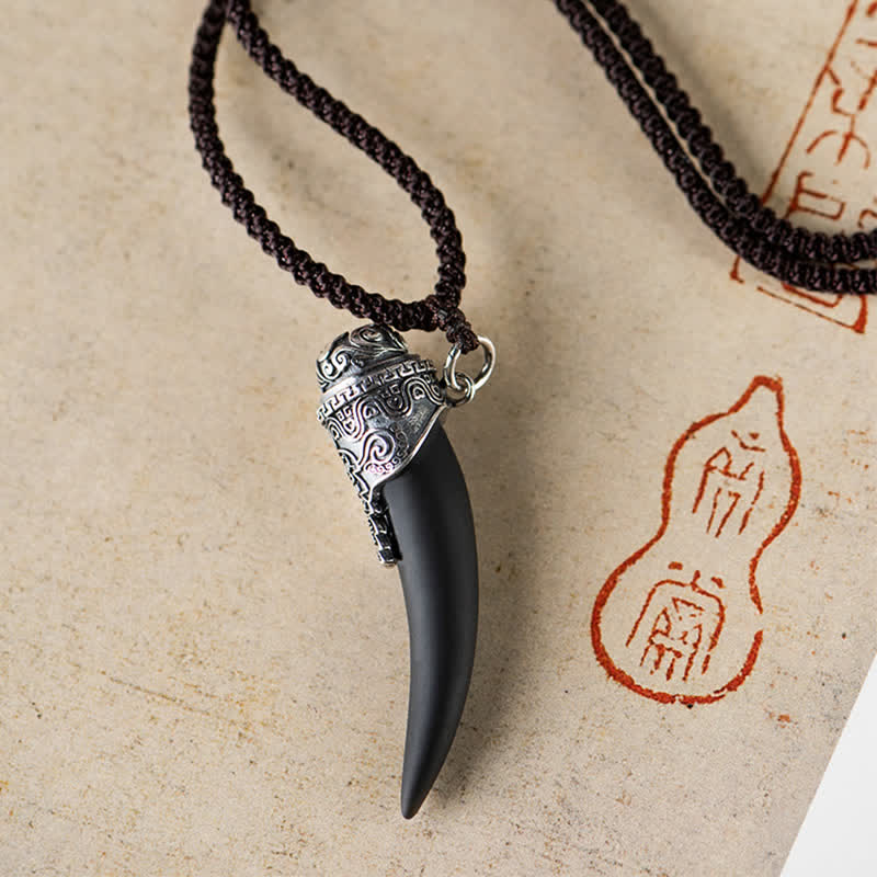 925 Sterling Silver Black Obsidian Wolf Tooth Pattern Strength Necklace Pendant