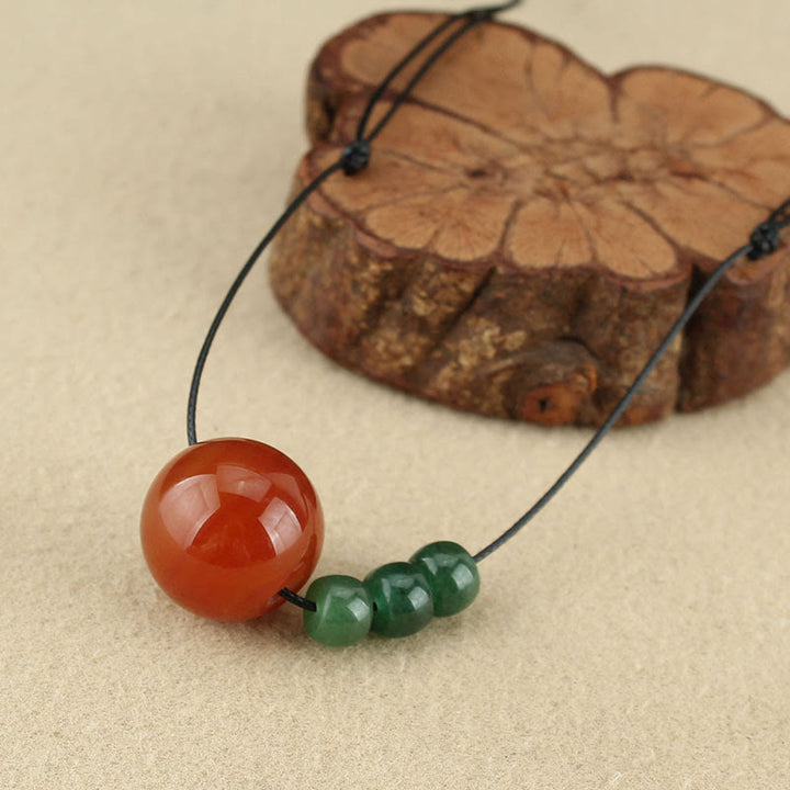 Buddha Stones Red Agate Green Aventurine Green Bodhi Seed Bead Calm Leather Rope Necklace Pendant