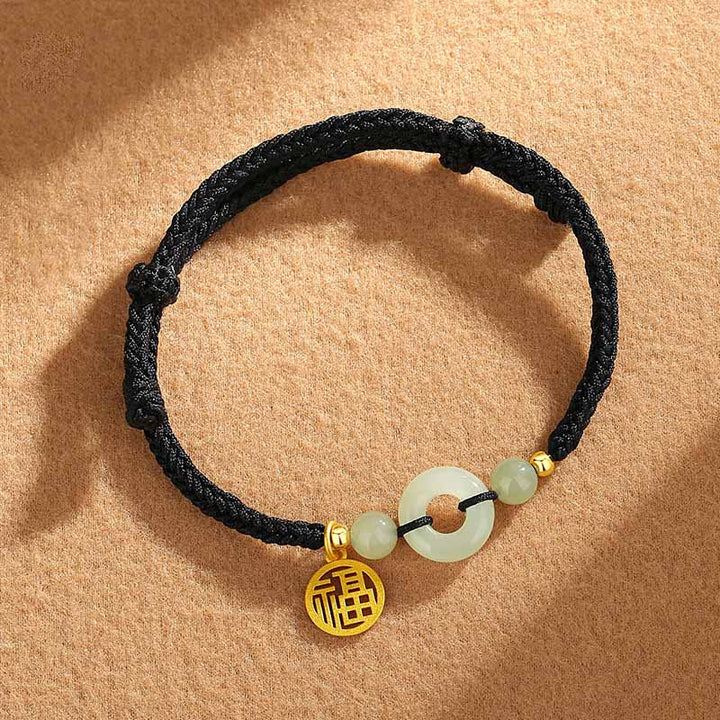 Buddha Stones 925 Sterling Silver Hetian Jade Peace Buckle Fu Character Charm Abundance Bracelet