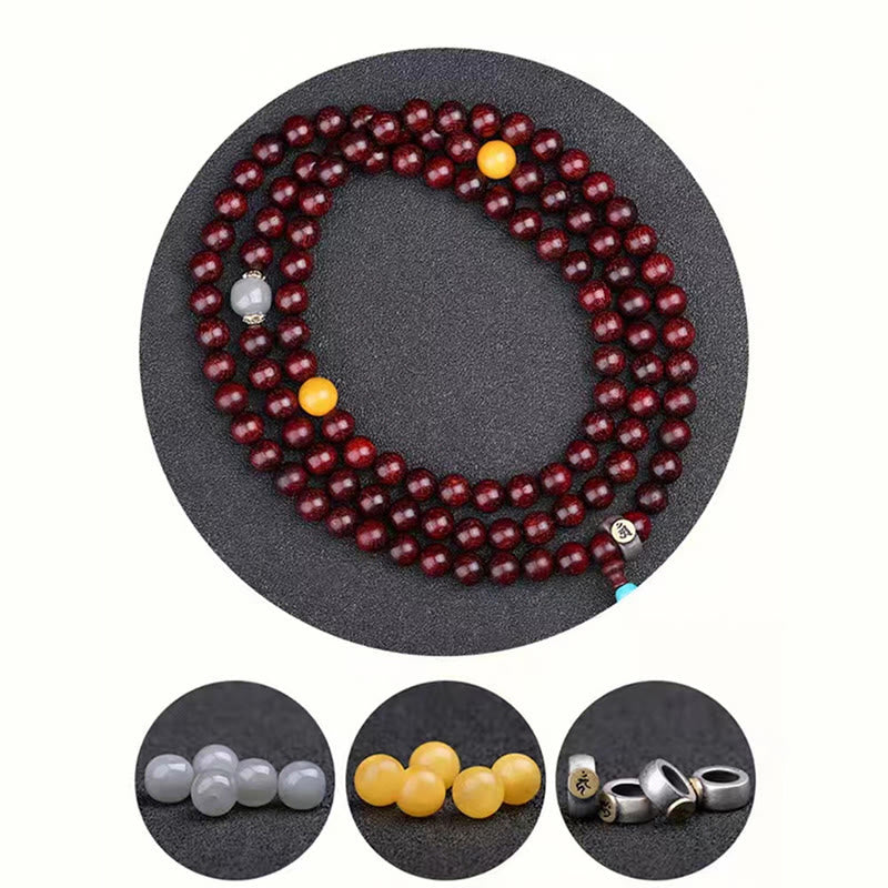 Buddha Stones 108 Mala Beads Chinese Zodiac Natal Buddha Small Leaf Red Sandalwood Gray Jade Protection Bracelet