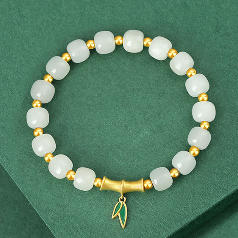 Buddha Stones 925 Sterling Silver Hetian White Jade Bamboo Luck Bracelet