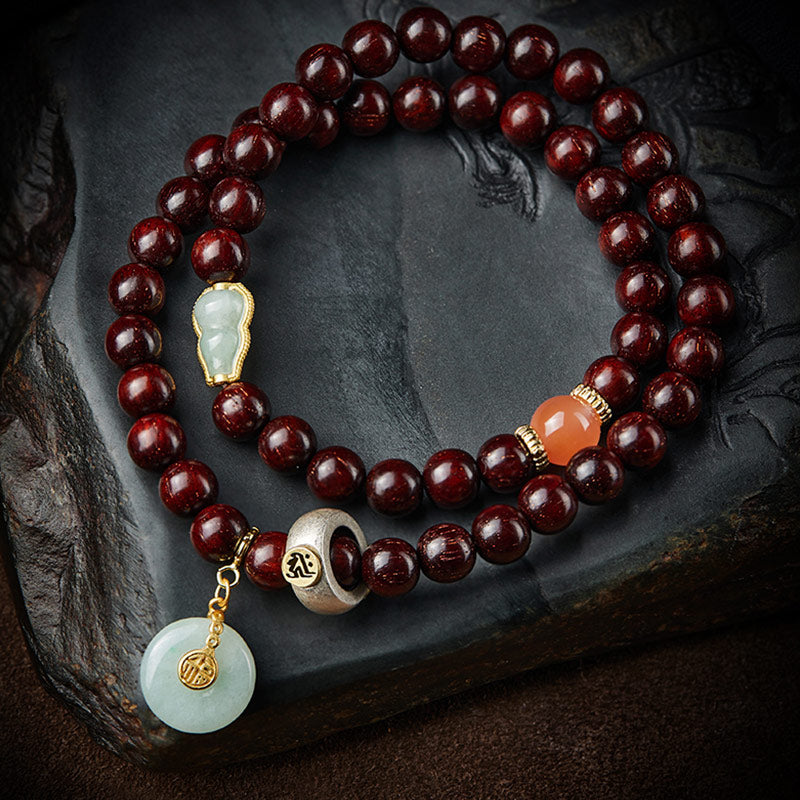 Buddha Stones Chinese Zodiac Natal Buddha Small Leaf Red Sandalwood Jade Red Agate PiXiu Sooth Bracelet