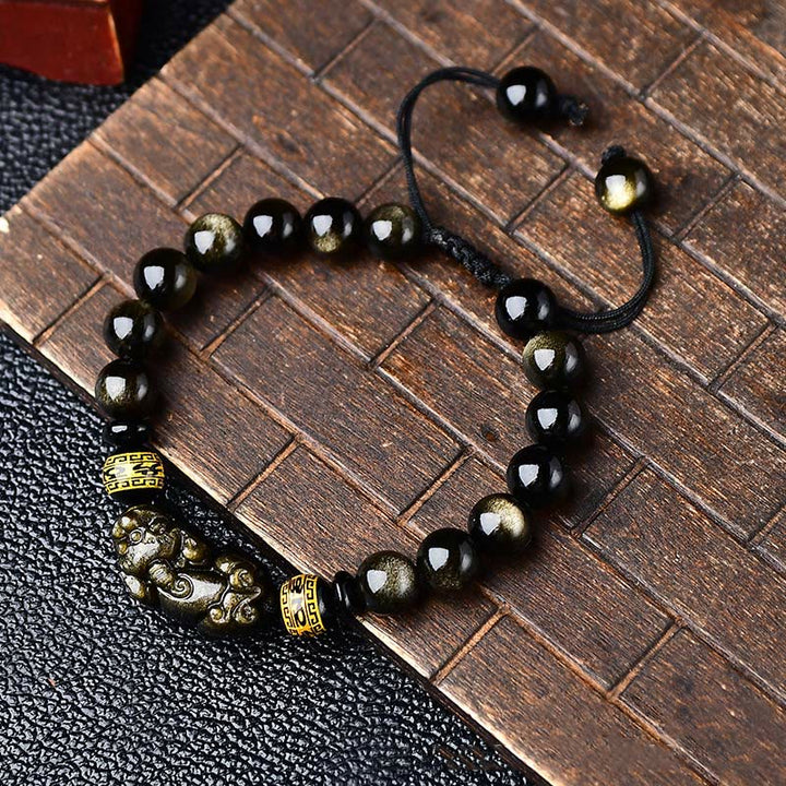 Buddha Stones Natural Gold Sheen Obsidian PiXiu Om Mani Padme Hum Wealth Braided Bracelet