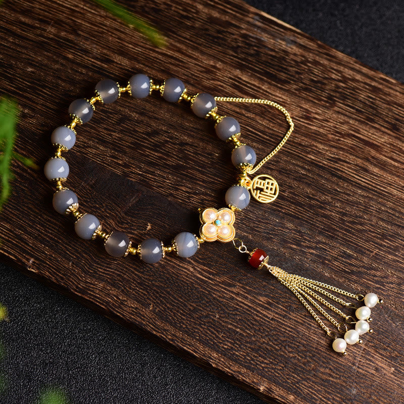 Buddha Stones Natural Gray Agate Fu Character Pearl Tassel Balance Bracelet