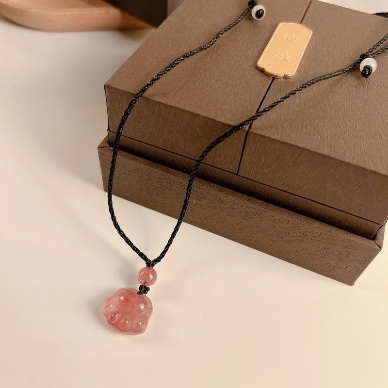 Buddha Stones Strawberry Quartz Lovely Cat Paw Claw Healing Necklace Pendant