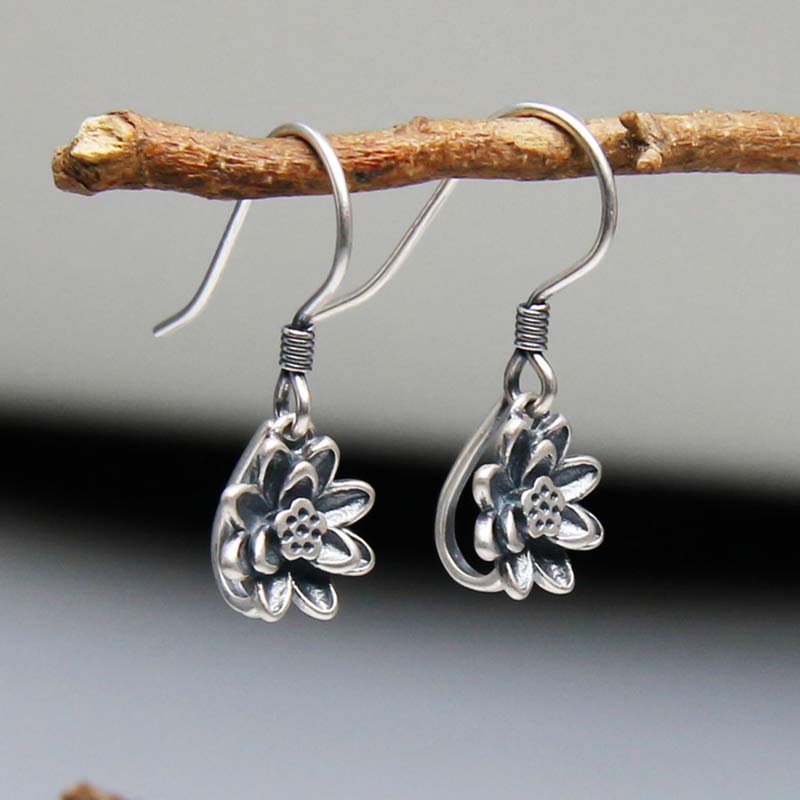 Buddha Stones 925 Sterling Silver Lotus Flower Enlightenment Earrings