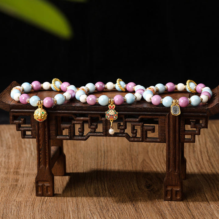 Buddha Stones Tibetan Zakiram Goddess of Wealth Rabbit Lion Head Charm Liuli Glass Incense Ash Porcelain Bead Protection Bracelet