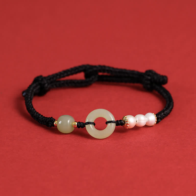 Buddha Stones Natural Hetian Jade Pearl Peace Buckle Luck Bracelet