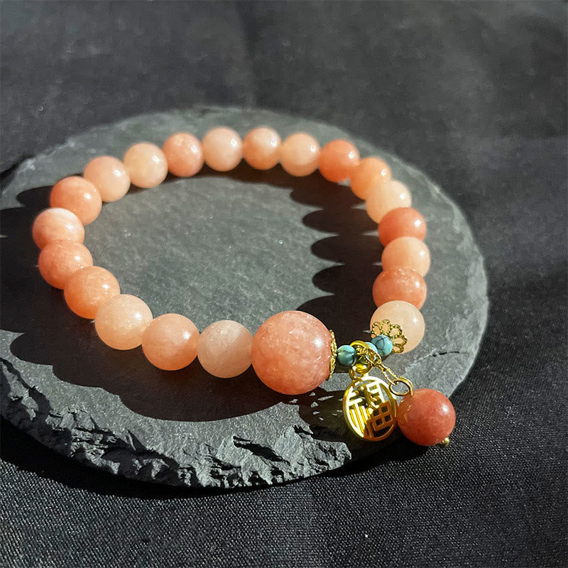 Buddha Stones Natural Orange Stone Turquoise Fu Character Charm Luck Fortune Bracelet