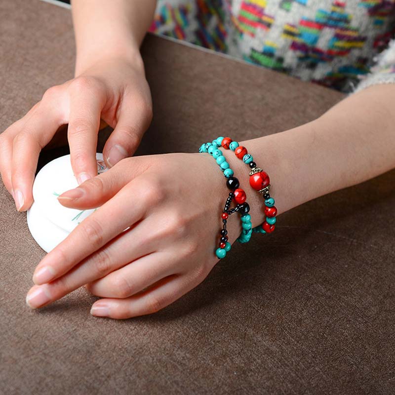 Buddha Stones Turquoise Black Onyx Red Turquoise Bead Protection Bracelet