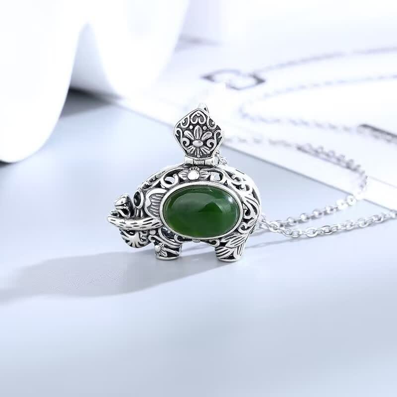 925 Sterling Silver Hetian Cyan Jade Elephant Success Necklace Pendant