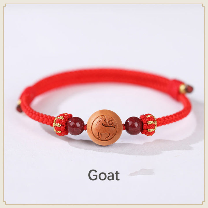 Buddha Stones Natural Peach Wood Chinese Zodiac Fu Character Carved Cinnabar Wealth Bracelet