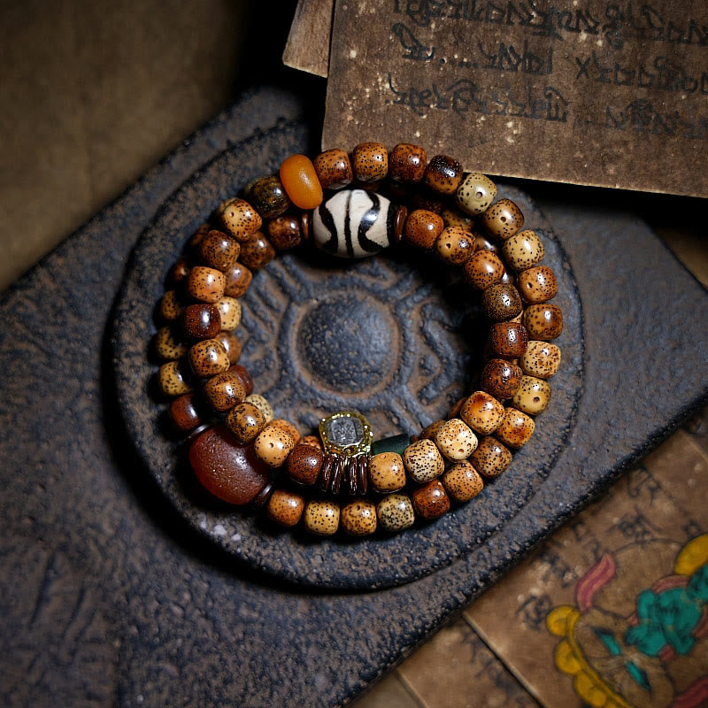 Buddha Stones Tibetan Bodhi Seed Amber Dzi Bead Agate Zakiram Goddess of Wealth Beads Triple Wrap Bracelet