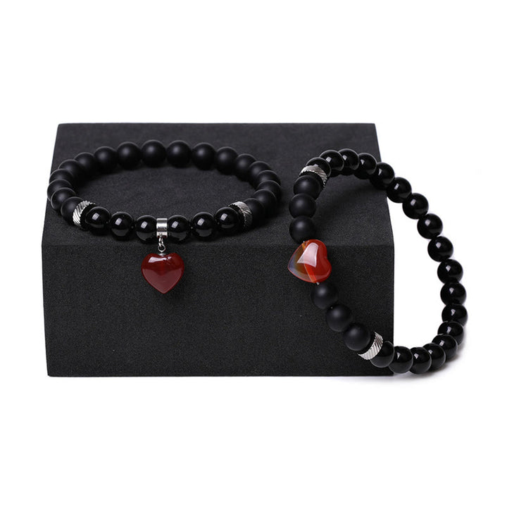 Buddha Stones 2Pcs Black Onyx Crystal Stone Love Heart Protection Support Couple Bracelet