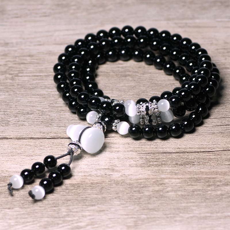 Black Onyx White Crystal Bead Meditation Bracelet