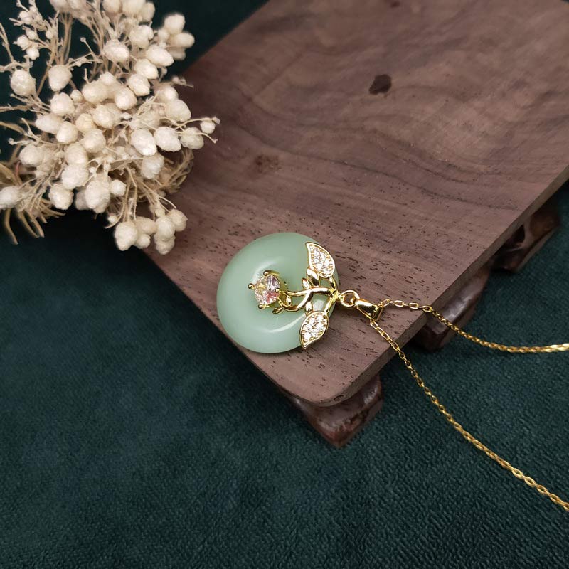 Buddha Stones Round Jade Leaf Blessing Fortune Necklace Chain Pendant