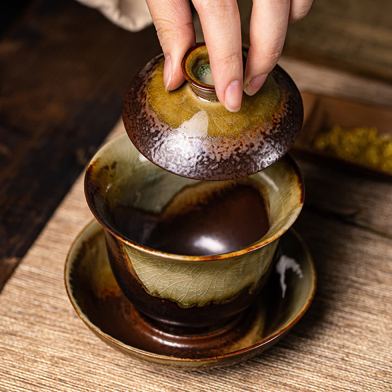 Buddha Stones Vintage Brown Kiln Change Design Porcelain Ceramic Gaiwan Sancai Teacup Kung Fu Tea Cup And Saucer With Lid