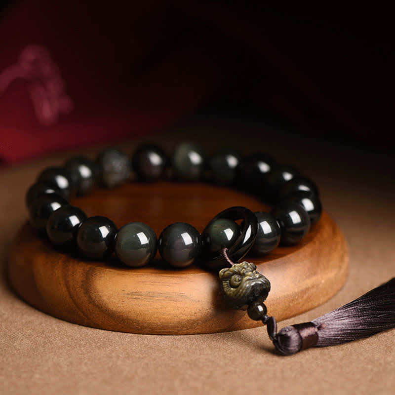 Buddha Stones Natural Black Obsidian Lion Wrist Mala Protection Tassels Pocket Mala Car Decoration