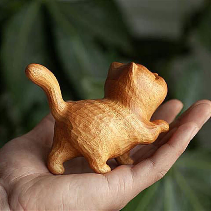 Buddha Stones Mini Thuja Sutchuenensis Boxwood Cute Cat Kitten Carved Prosperity Decoration