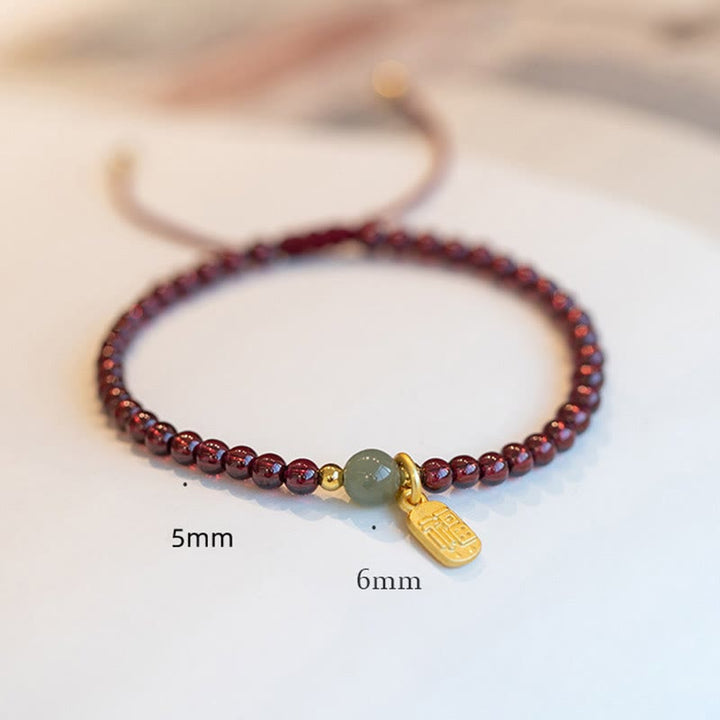 Buddha Stones Natural Strawberry Quartz Garnet Jade Lucky Fortune Fu Character Healing Charm Bracelet