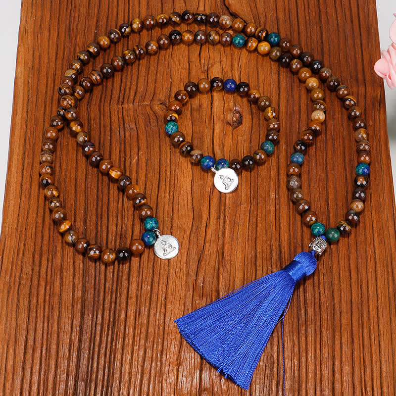 Buddha Stones 108 Mala Beads Tiger Eye Buddha Strength Bracelet Tassel Necklace Pendant