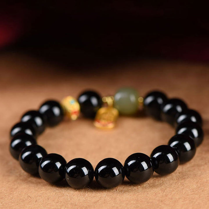 Buddha Stones Black Onyx Hetian Jade Bead Lucky Fortune Charm Bracelet