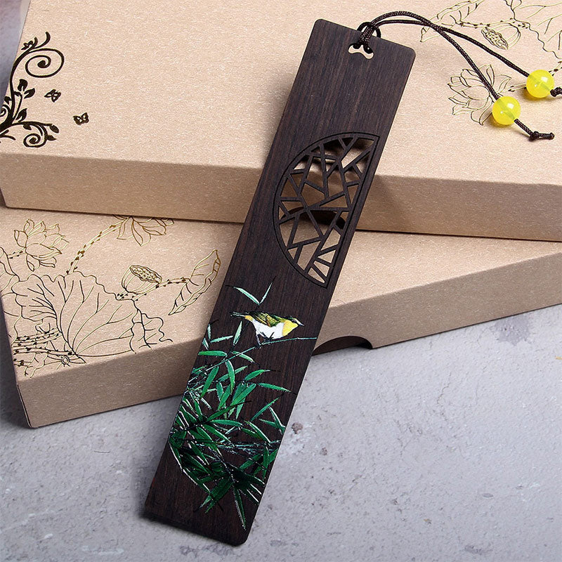 Buddha Stones Green Lotus Bamboo Oriole Ebony Wood Bookmarks With Gift Box