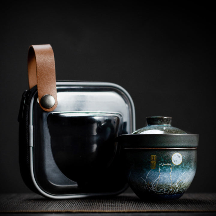 Buddha Stones Ceramic Teacup Deer Mountain Trees Lovely Cat Black Tea Cup With Lid and Bag