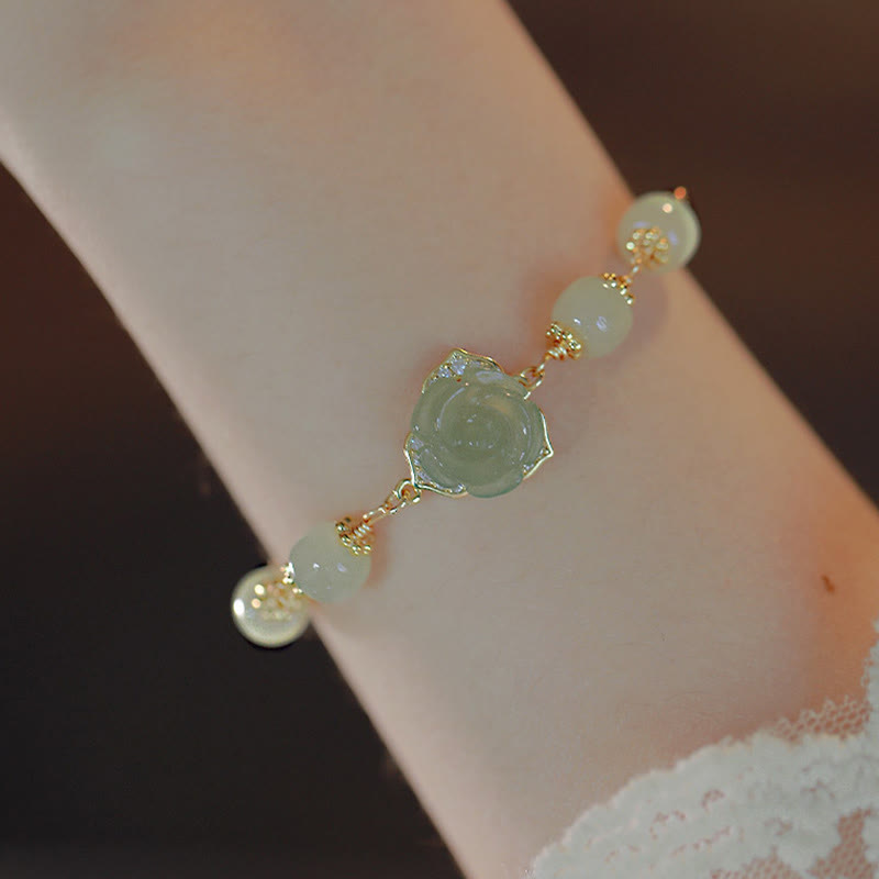 Buddha Stones 14K Gold Plated Hetian Jade Rose Flower Luck Chain Bracelet